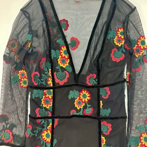 For Love & Lemons Black Mesh Embroidered Floral Maxi Jumpsuit Size XS - Picture 5 of 9